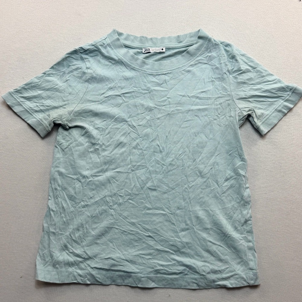 Zara T-Shirt Mens Medium Light Blue Good Ribbed Trim Short Sleeve Basic Tee